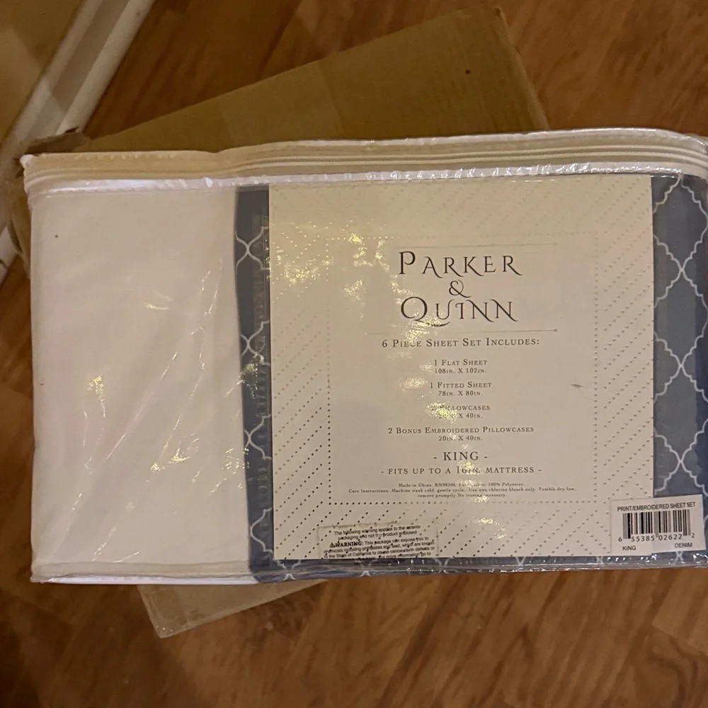Parker & Quinn King 6 Piece Sheet Set Country Blue/White Trellis NIP